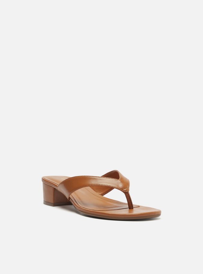 Tamanco Marrom Salto Baixo Tiras Flip Flop