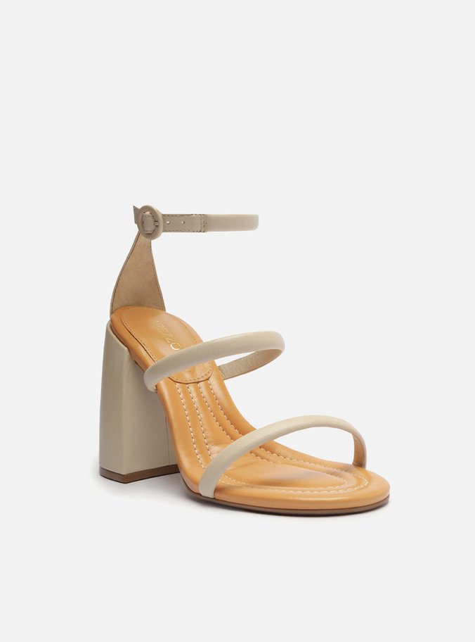 Sandália Off-White Couro Salto Alto Bloco Tiras