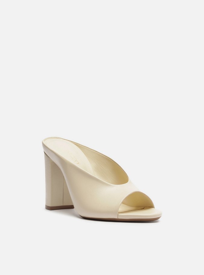 Mule Branco Couro Salto Bloco