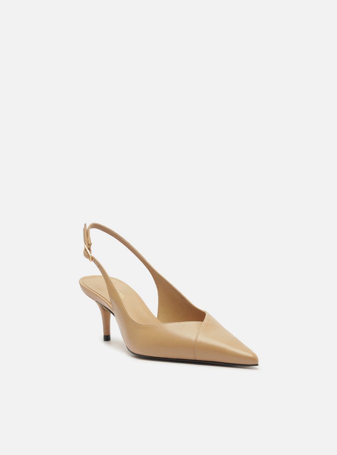 Scarpin Bege Couro Salto Kitten Slingback
