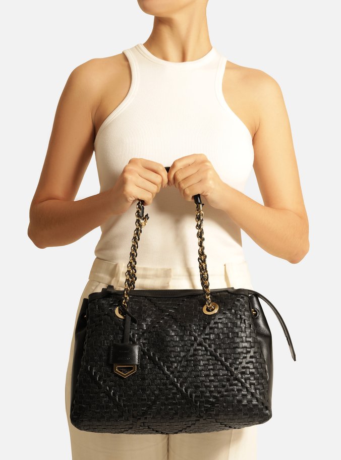 Bolsa Tiracolo Preta Couro Tressê Cruzado Média