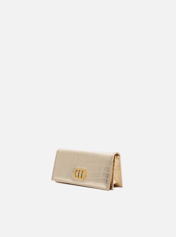 Clutch Dourada Couro Croco Pequena Metal