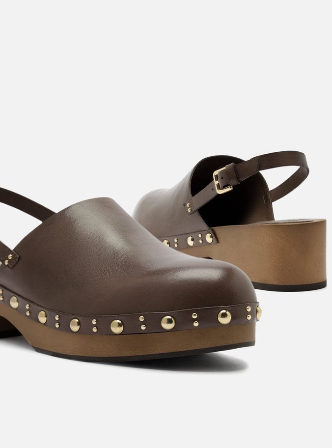 Mule Clog Marrom Couro Salto Médio Tira