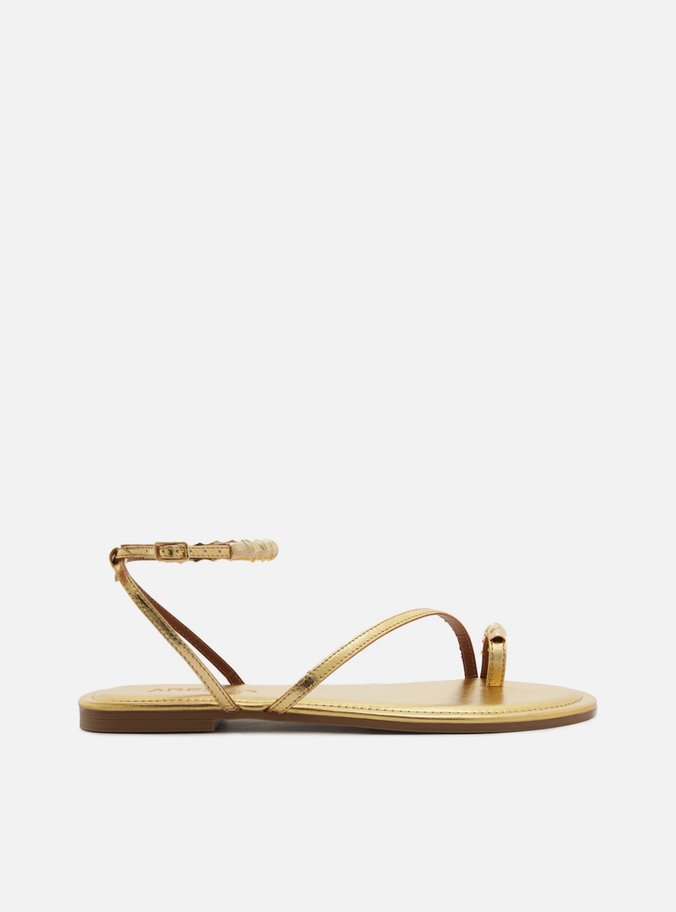 Sandália Rasteira Dourada Couro Metais Dedeira