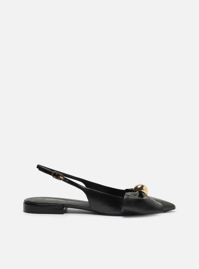 Sapatilha Preta Couro Slingback Laço Metal