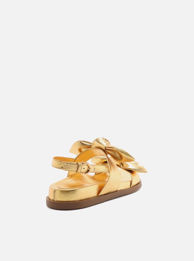 Sandália Rasteira Dourada Couro Flatform Laços