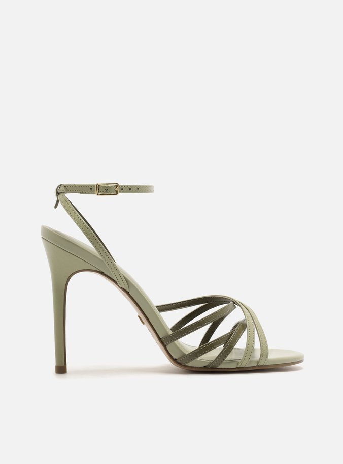 Sandália Verde Couro Salto Alto Multitiras