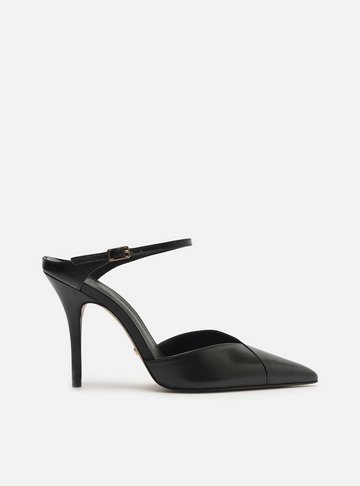 Mule Preta Couro Salto Alto Tira Instep