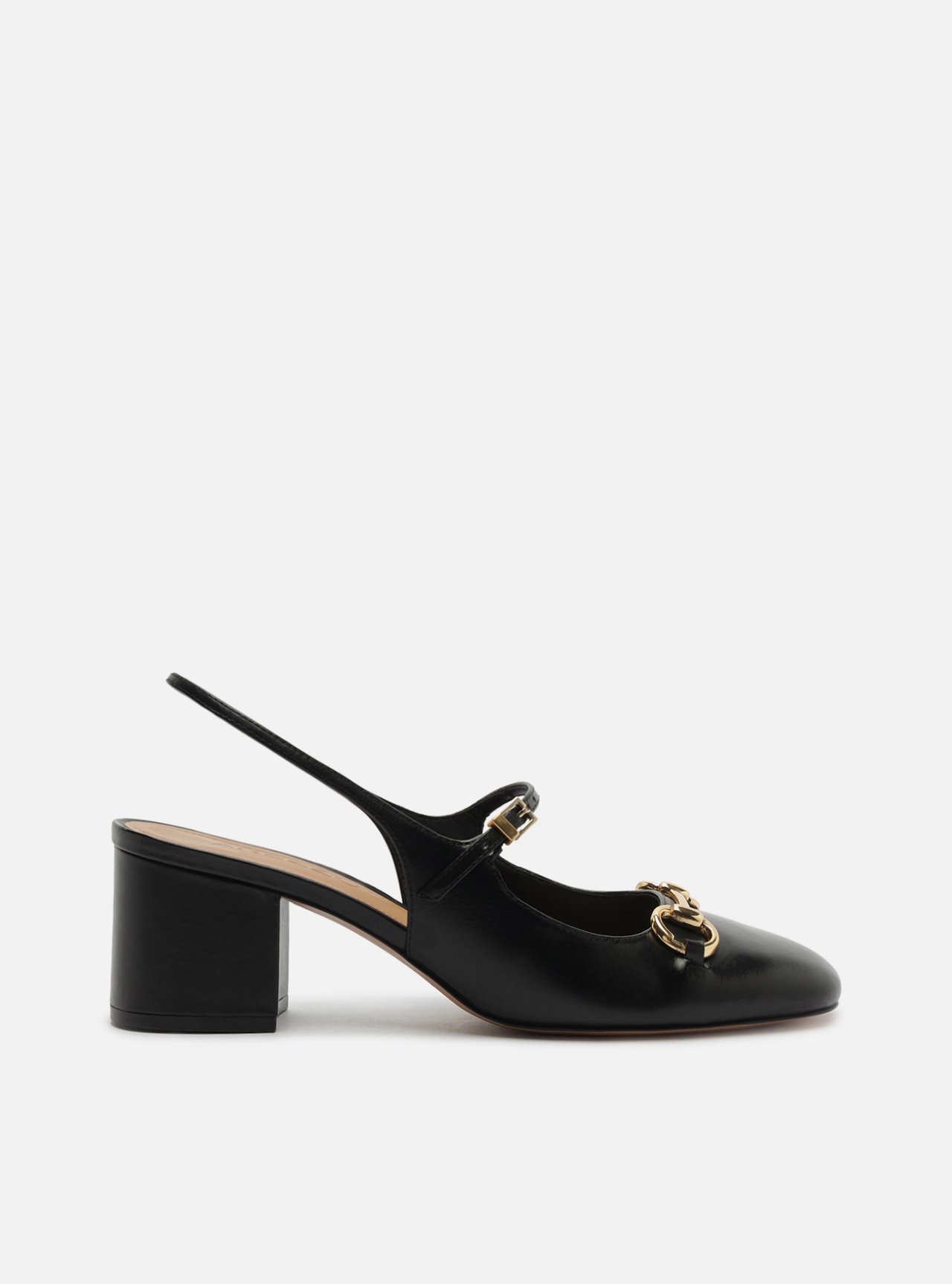 Scarpin Preto Couro Salto Bloco Bridão Slingback — foto 1