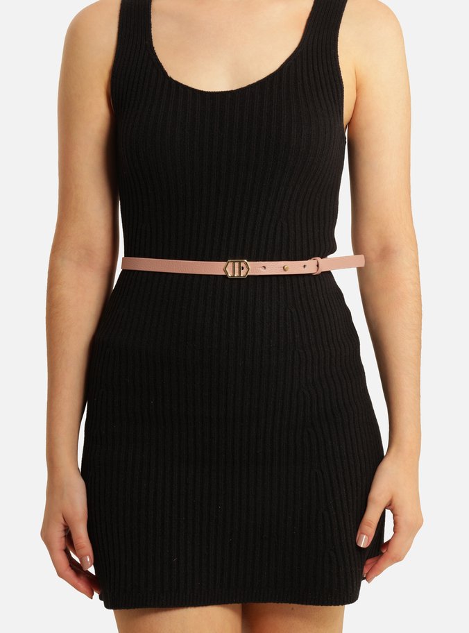 Cinto Rosa Couro Fino Fivela Hexagonal