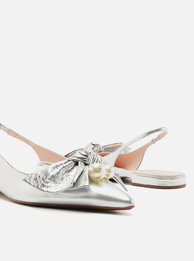 Sapatilha Prata Couro Slingback Laço Pérolas