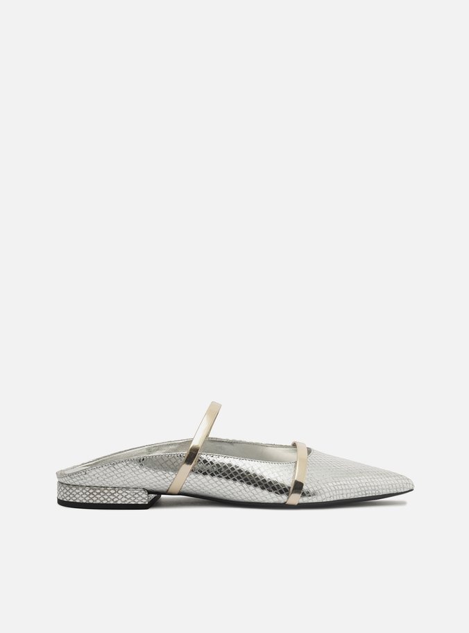 Mule Prateada Skin Bico Fino Tiras