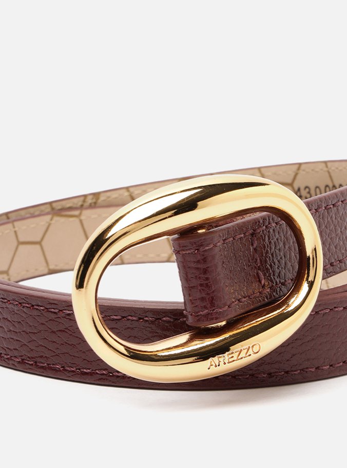 Cinto Vermelho Couro Fino Fivela Oval Metal