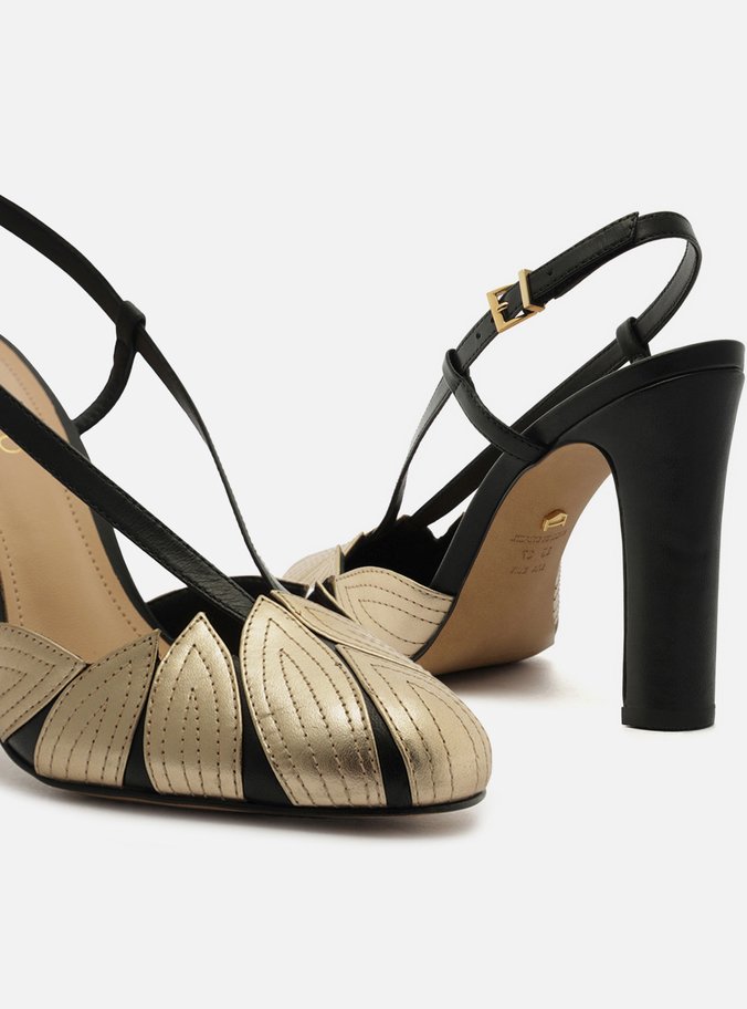 Scarpin Preto Couro Salto Médio Folhas Douradas
