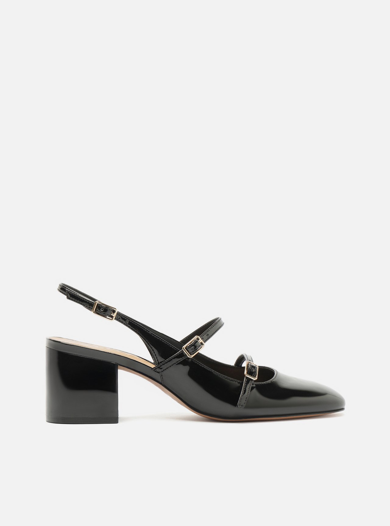 Scarpin Preto Verniz Salto Bloco Tiras Slingback — foto 1
