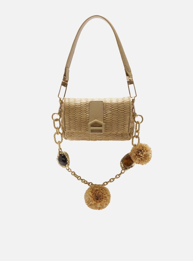 Bolsa Tiracolo Bege Tramado Couro Pequena Pingentes