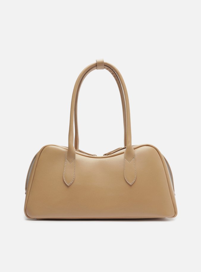 Bolsa Bowling Bege Couro Grande Zíper Duplo