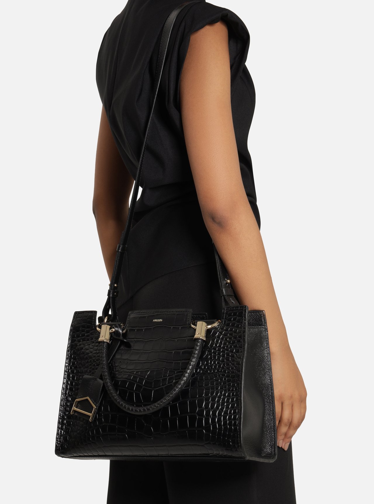 Bolsa Tote Preta Couro Grande Croco — foto 6