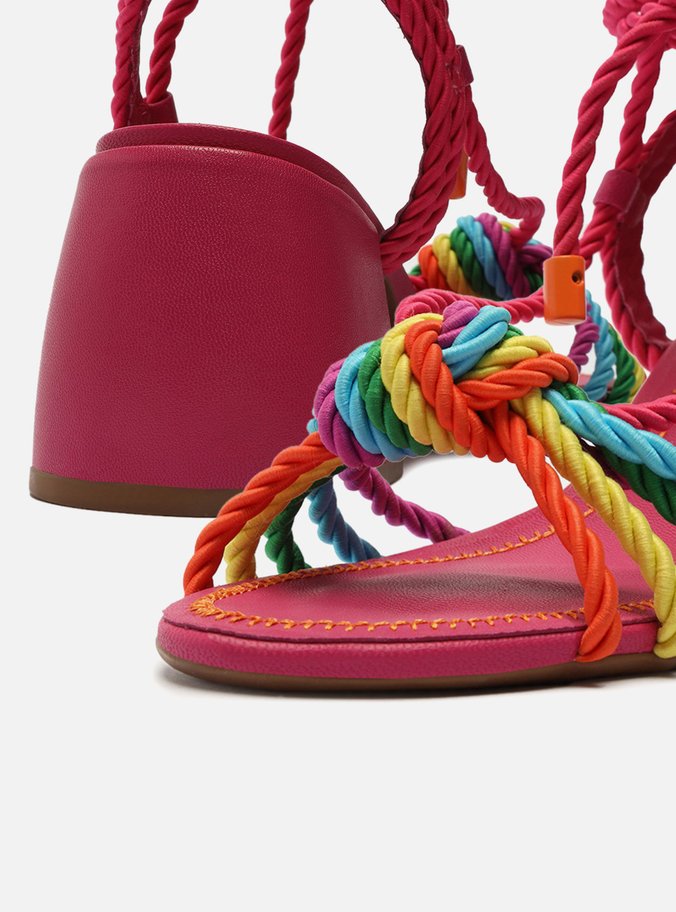 Sandália Colorida Salto Médio Bloco Cordões