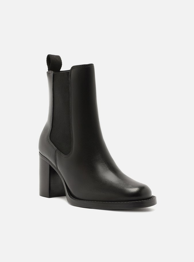 Bota Preta Couro Cano Curto Salto Médio Elástico