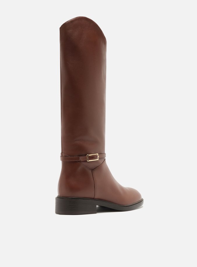 Bota Marrom Couro Cano Longo Montaria Fivela