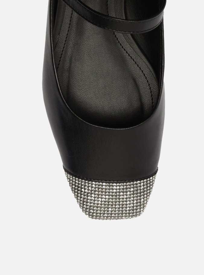 Sapatilha Boneca Preta Couro Bico Quadrado Strass