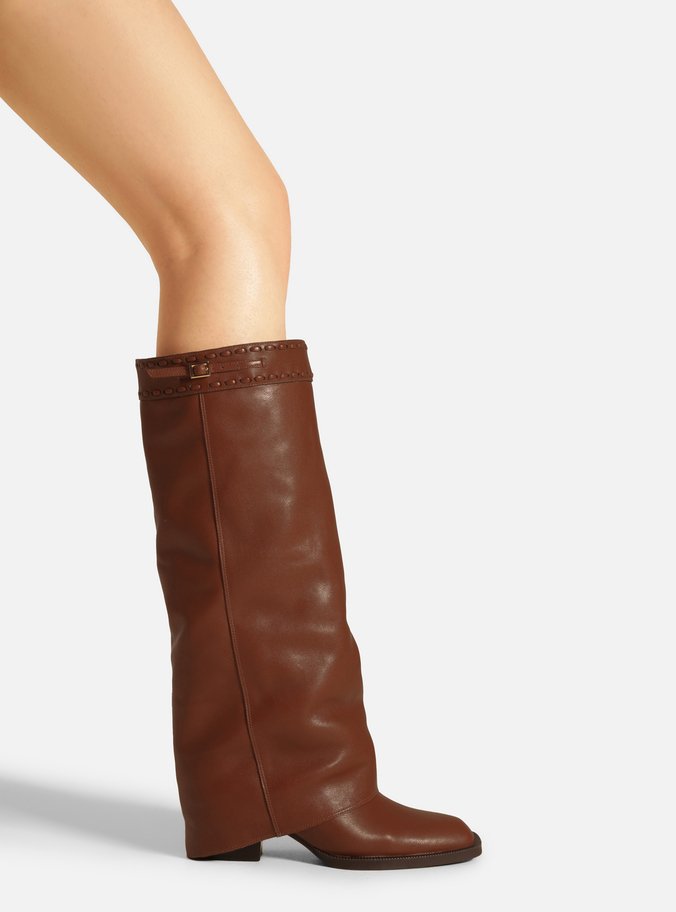 Bota Caramelo Couro Cano Longo Polaina Folk