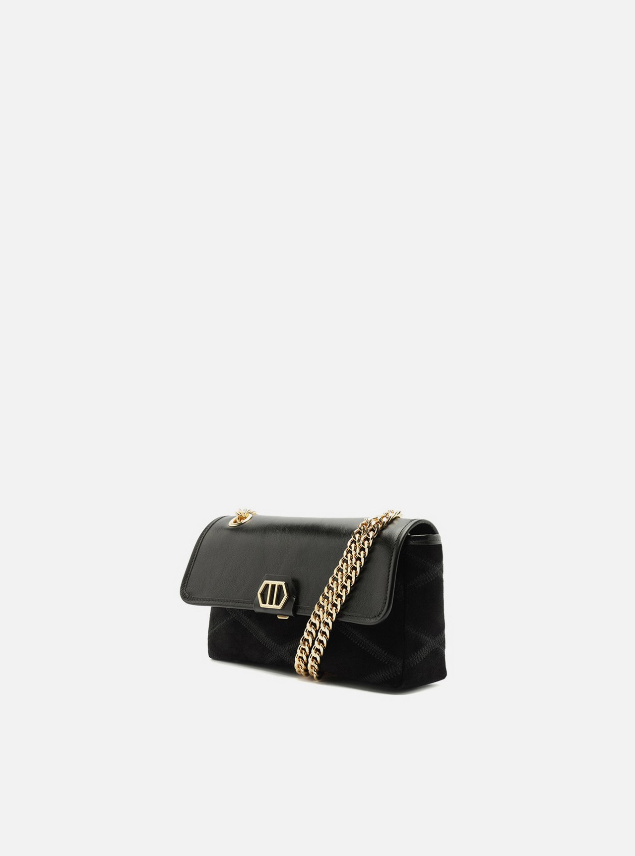 Bolsa Tiracolo Preta Couro Pequena Corrente Dourada — foto 2