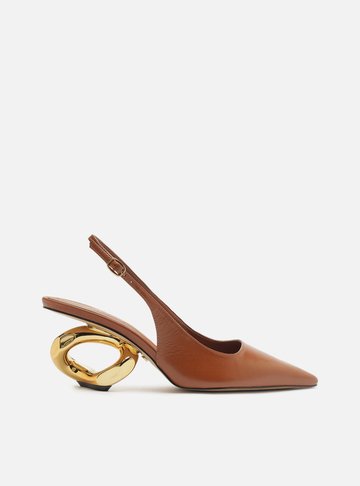 Scarpin Caramelo Couro Salto Geométrico Slingback