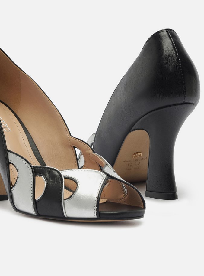 Peep Toe Preto Couro Salto Médio Recortes