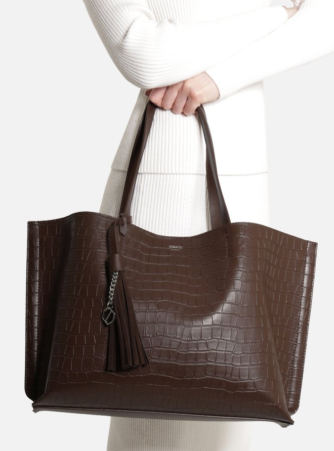 Bolsa Shopping Marrom Grande Croco Franjas