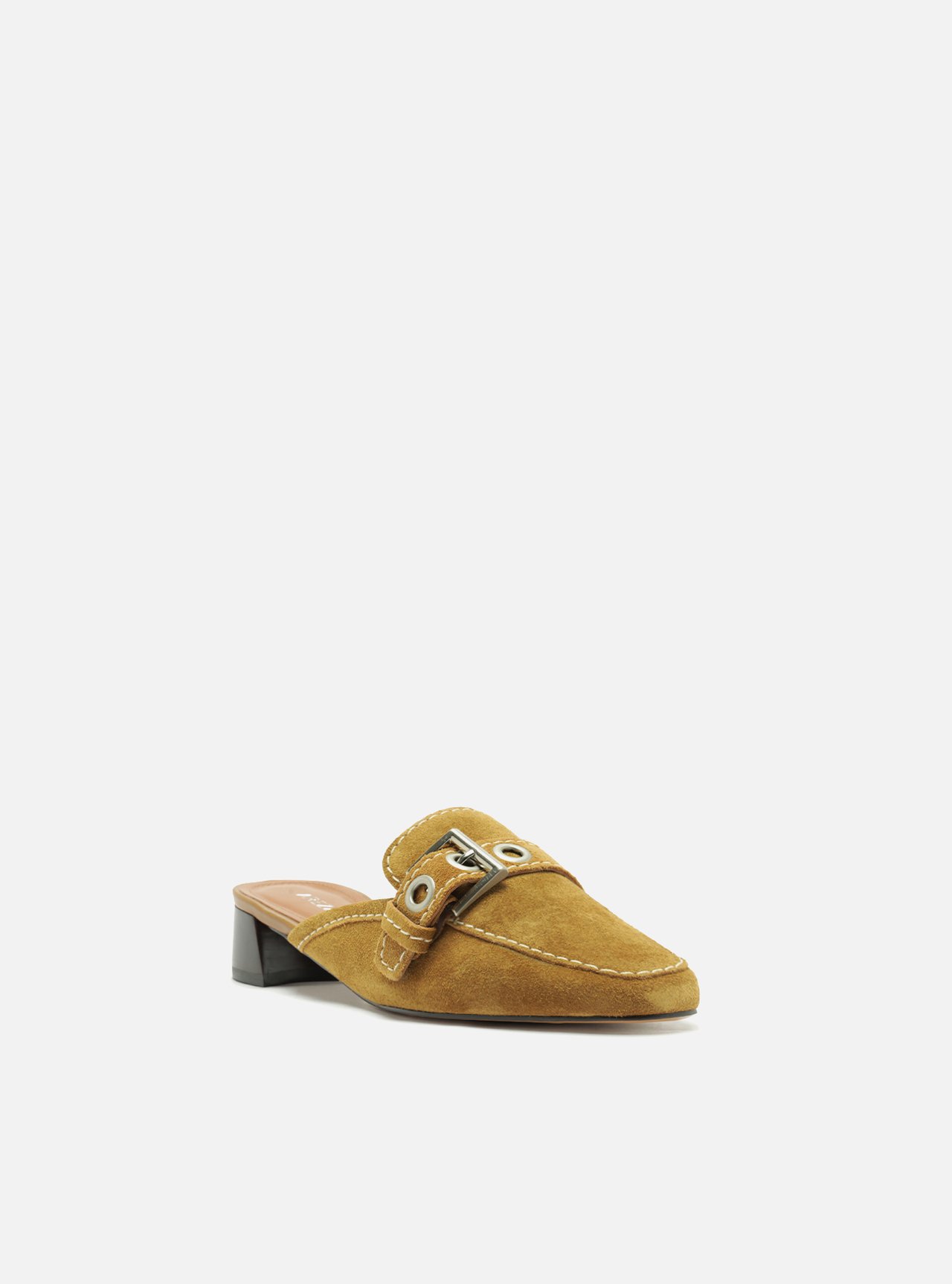 Mule Marrom Salto Bloco Fivela Suede Metais — foto 2