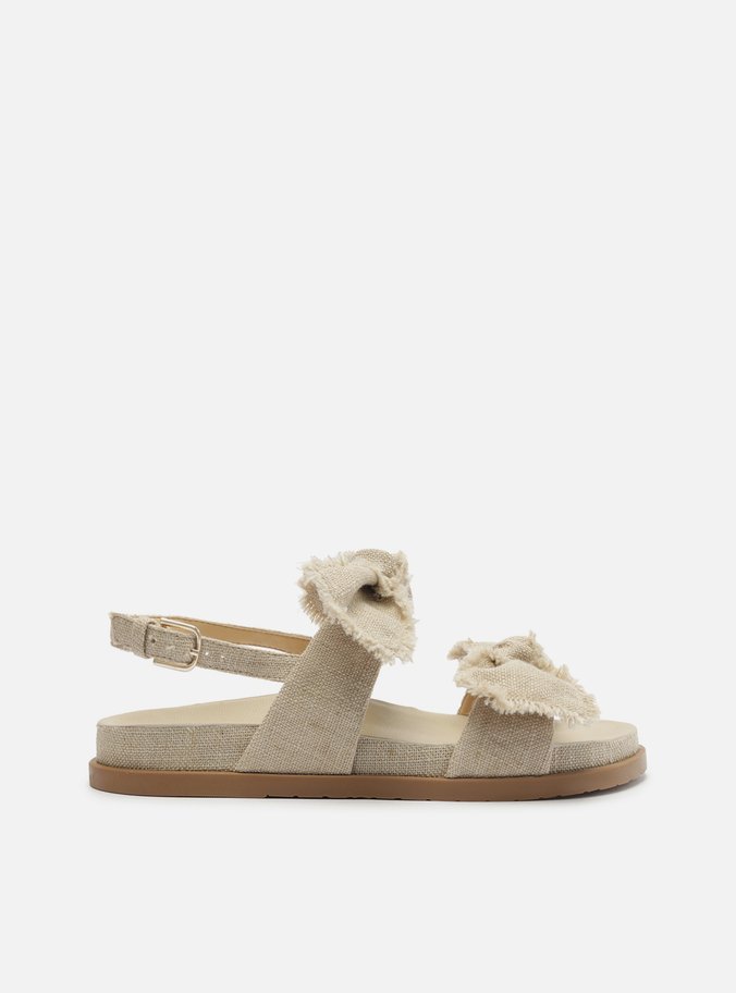 Sandália Rasteira Nude Linho Flatform Laços