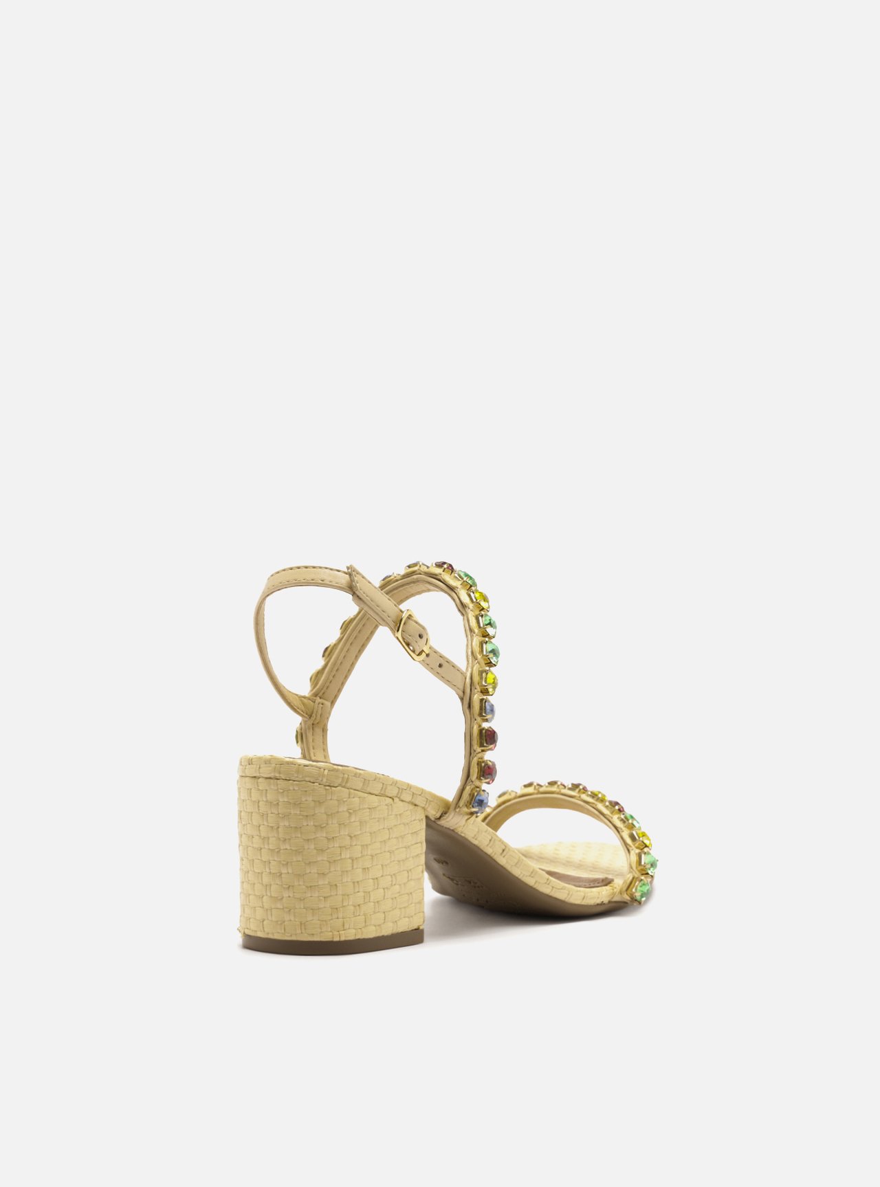 Sandália Bege Palha Salto Bloco Pedrarias Coloridas — foto 3