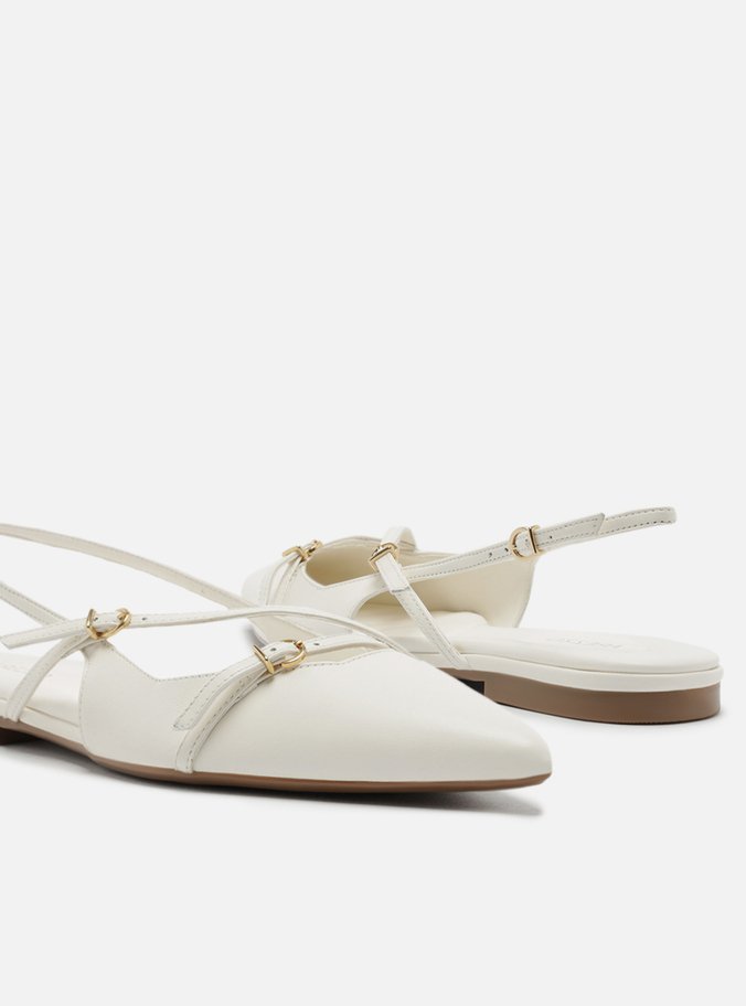 Sapatilha Branca Couro Bico Fino Slingback Fivelas