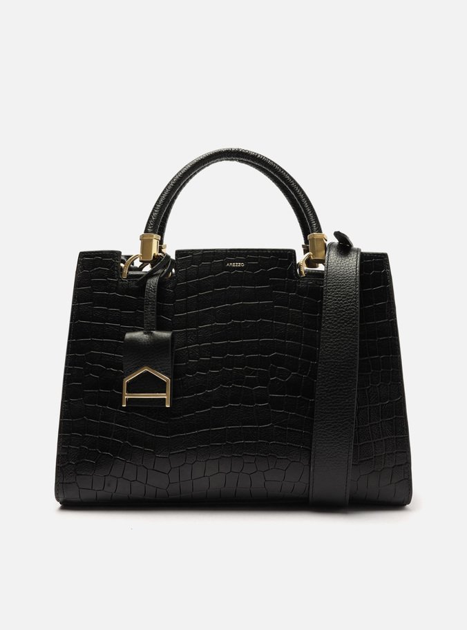 Bolsa Tote Preta Couro Croco Abbraccio Grande