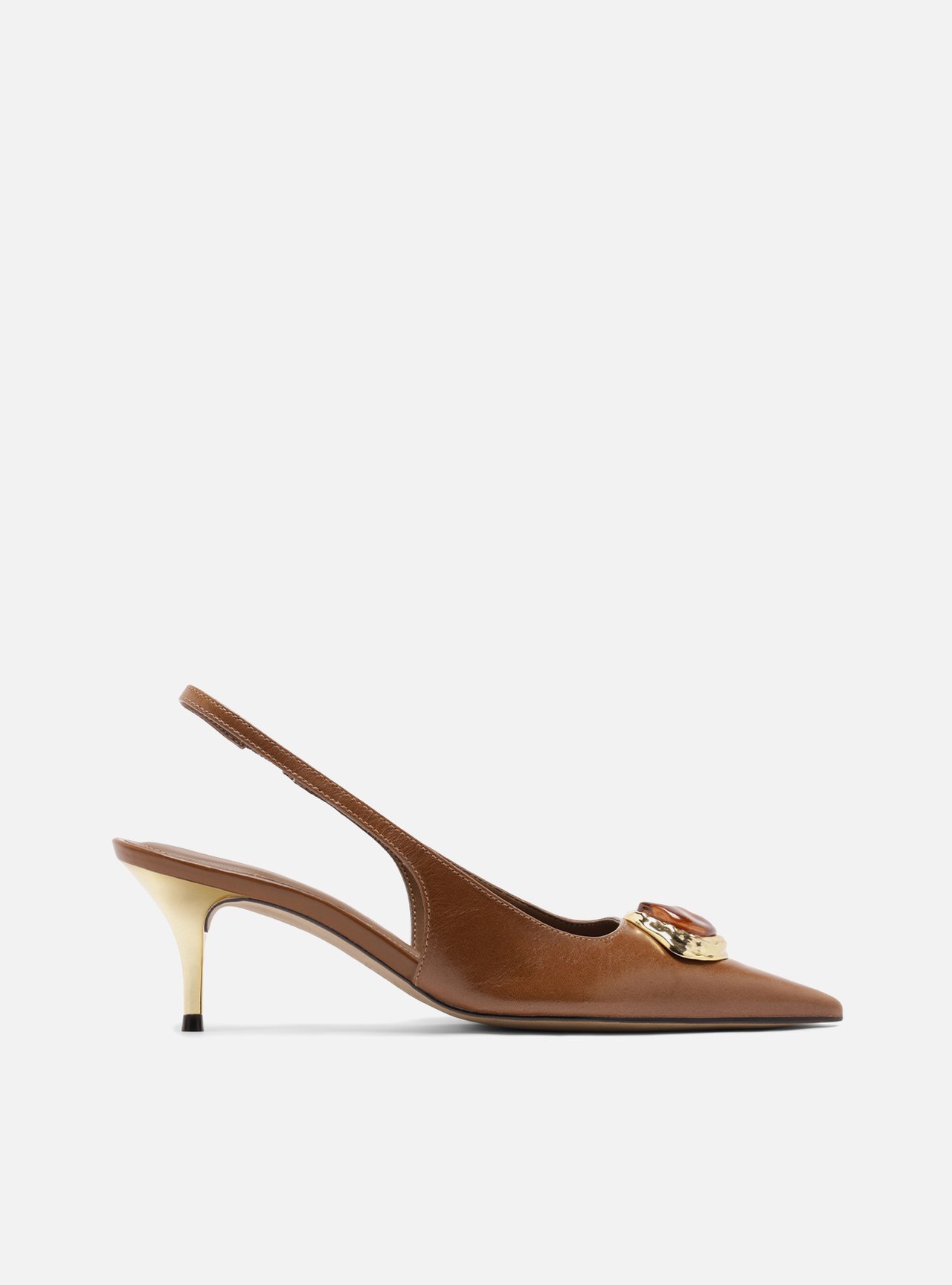 Scarpin Marrom Couro Salto Baixo Slingback Pedraria — foto 1