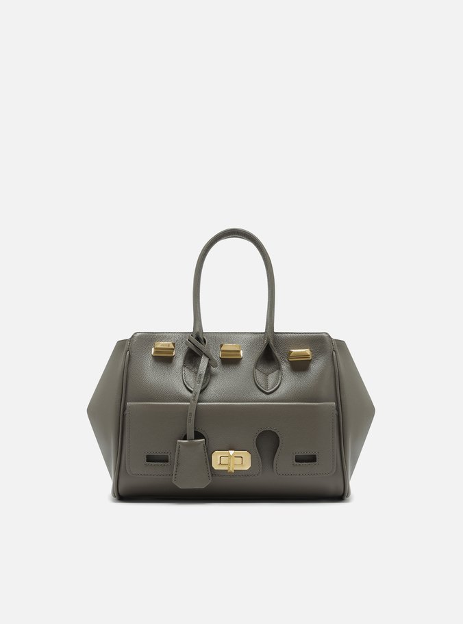 Bolsa Tote Cinza Couro Média Bolso Recortes