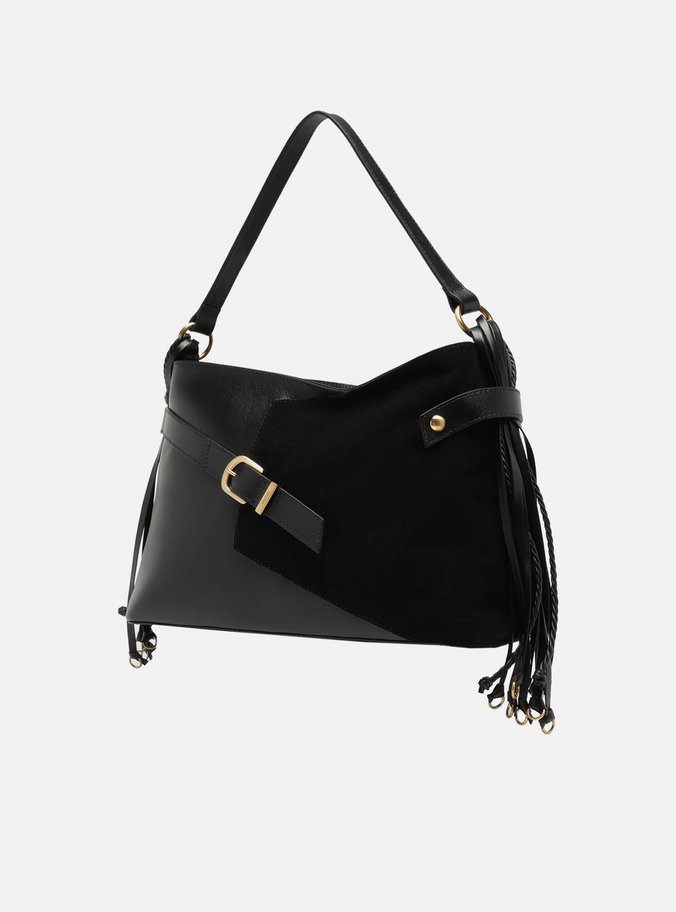 Bolsa Tote Preta Couro Camurça Grande Tiras