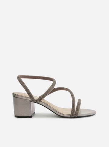 Sandália Prateada Strass Salto Bloco Tira Curva