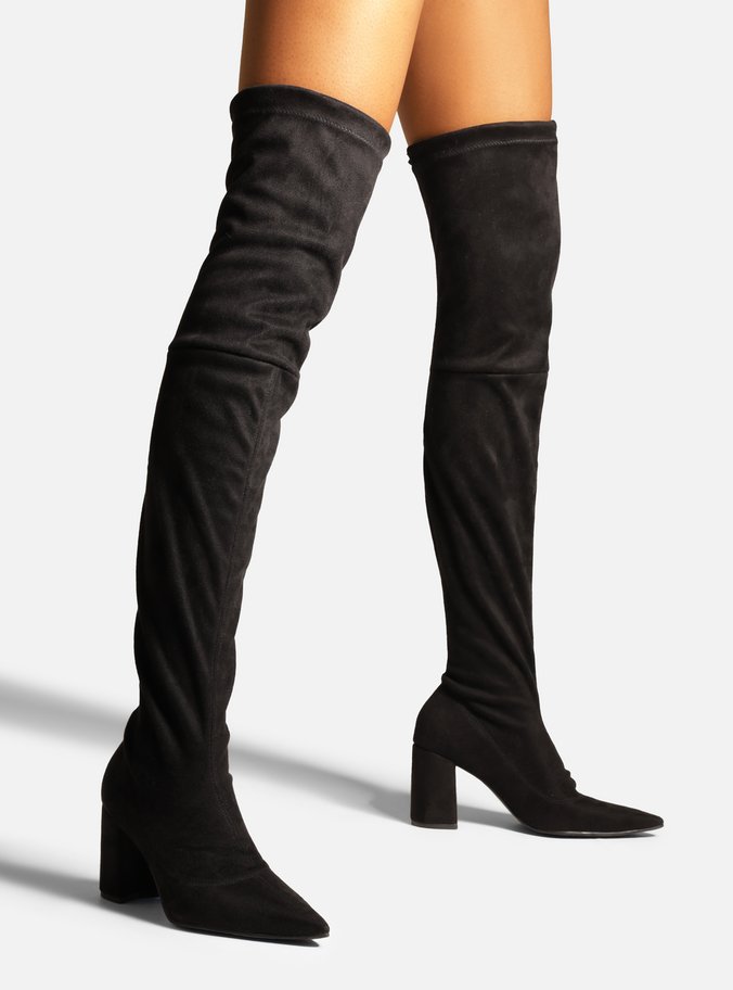 Bota Over The Knee Preta Suede Salto Bloco