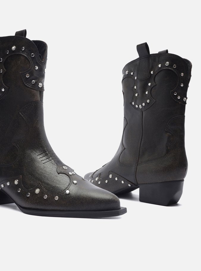 Bota Preta Couro Worn Cano Curto Western Folk