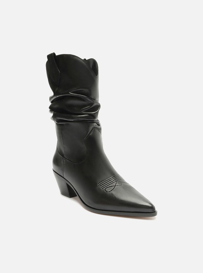 Bota Preta Couro Cano Curto Franzido Western