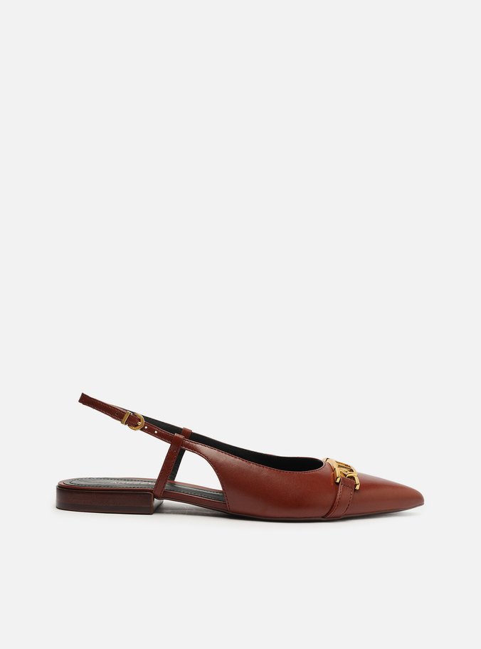 Sapatilha Marrom Couro Bico Fino Slingback Metal