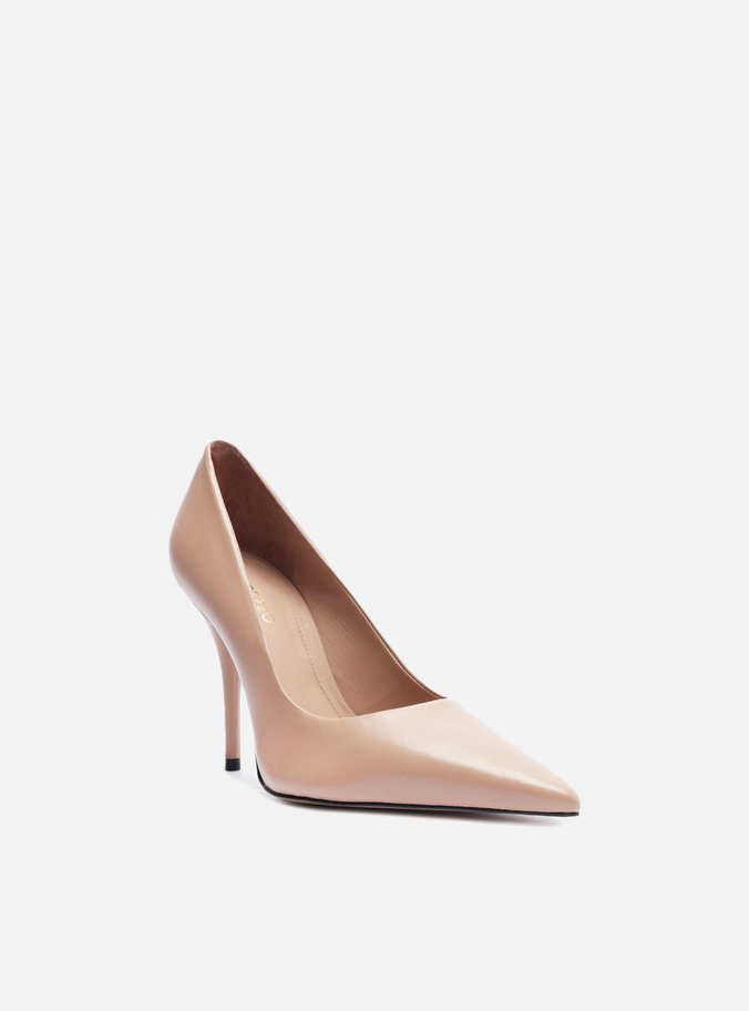 Scarpin Nude Couro Salto Fino Bico Fino