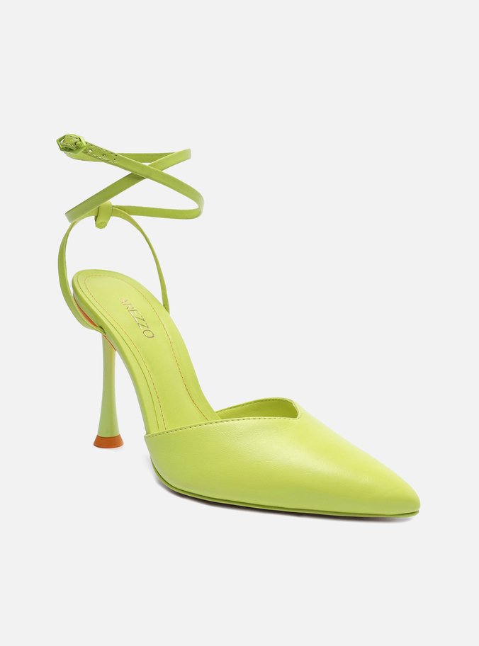 Scarpin Verde Lima Couro Bico Fino Tiras Estampado