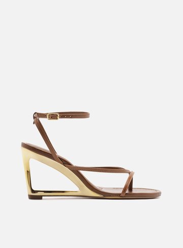 Sandália Marrom Couro Salto Geométrico Tiras