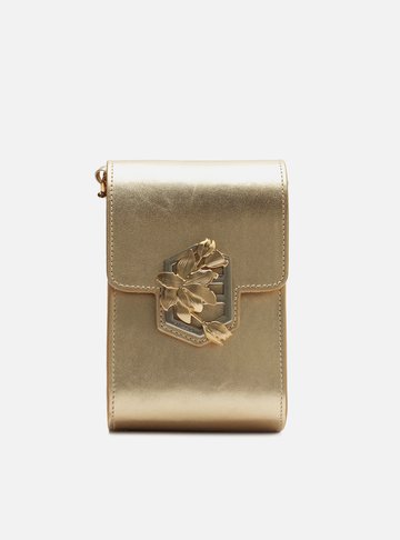 Mini Bag Dourada Couro Porta-Celular Metal Flor