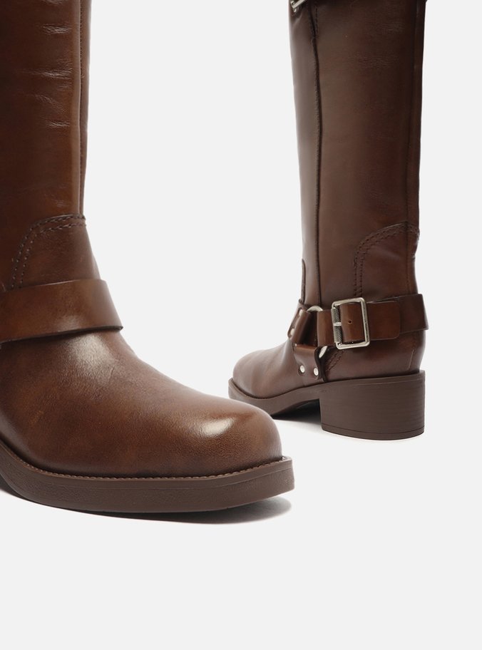 Bota Marrom Couro Cano Longo Fivelas