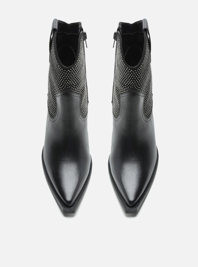 Bota Preta Couro Cano Curto Bloco Strass Western